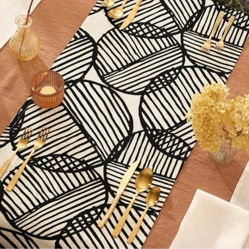 Modern Geometric Black and White Table Runner